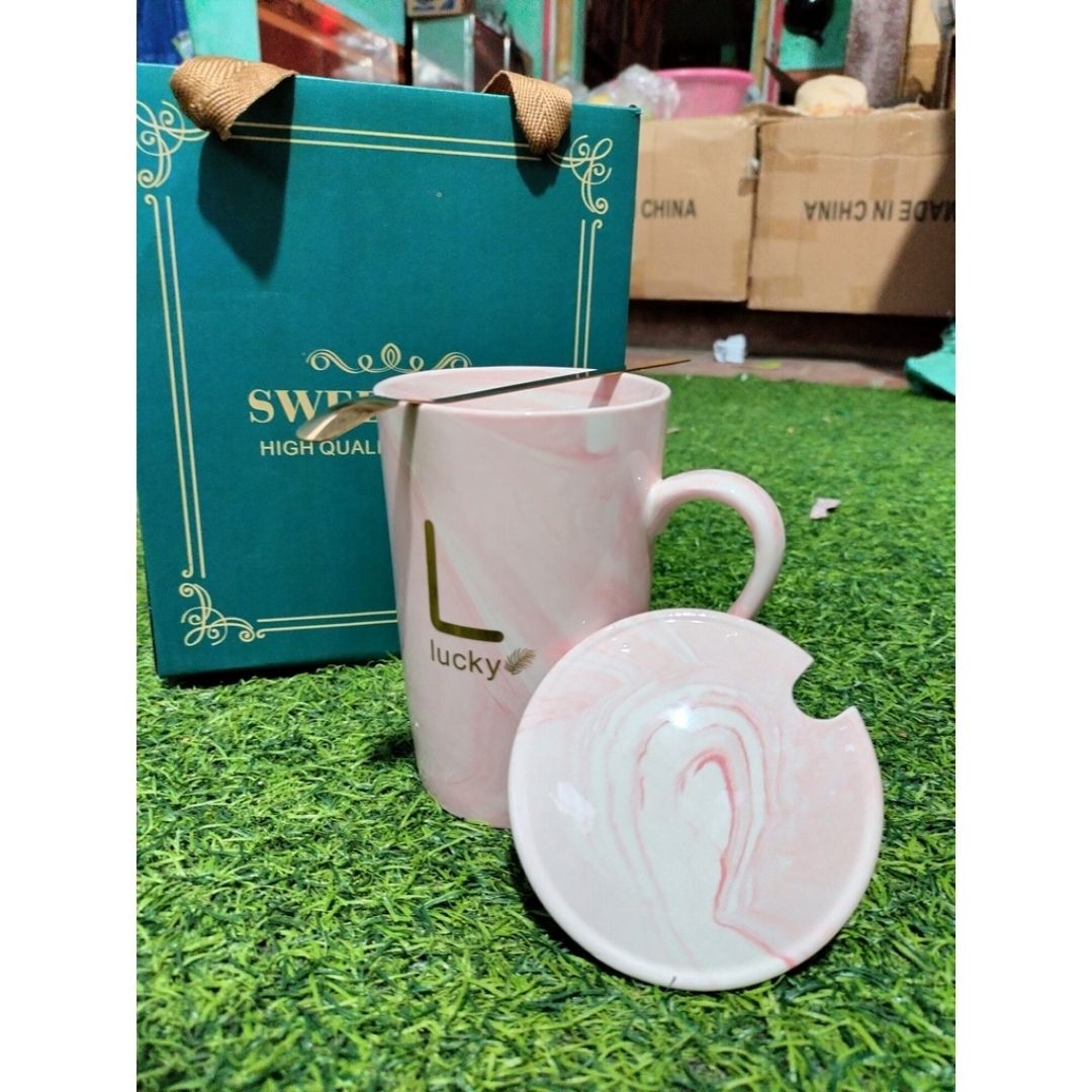 Cốc sứ xanh hiện đại có nắp thìa màu vàng dung tích 400ml họa tiết, ly sứ quà tặng ý nghĩa