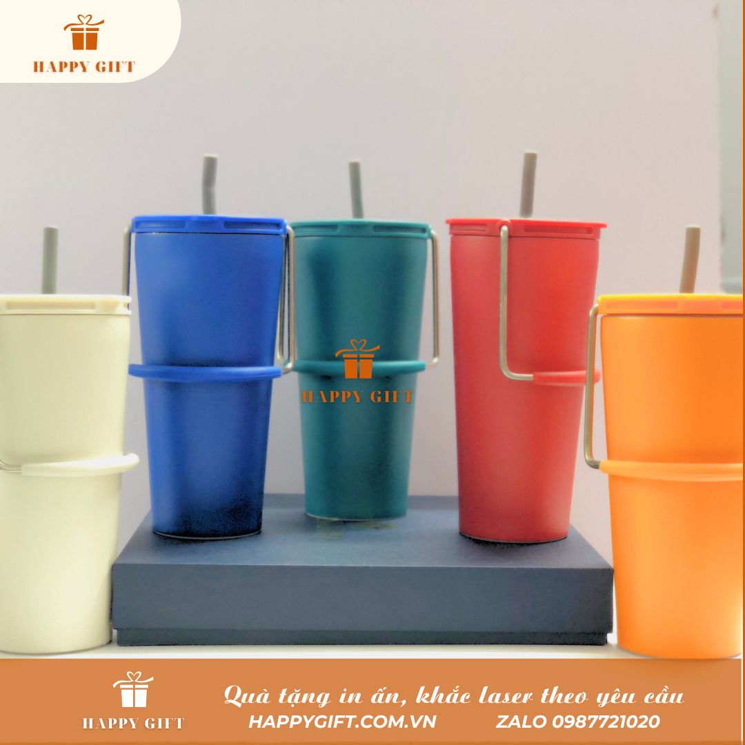 Cốc  giữ nhiệt 500ml, cốc giữ nhiệt inox 304 tặng kèm ống hút và quai xách tiện lợi