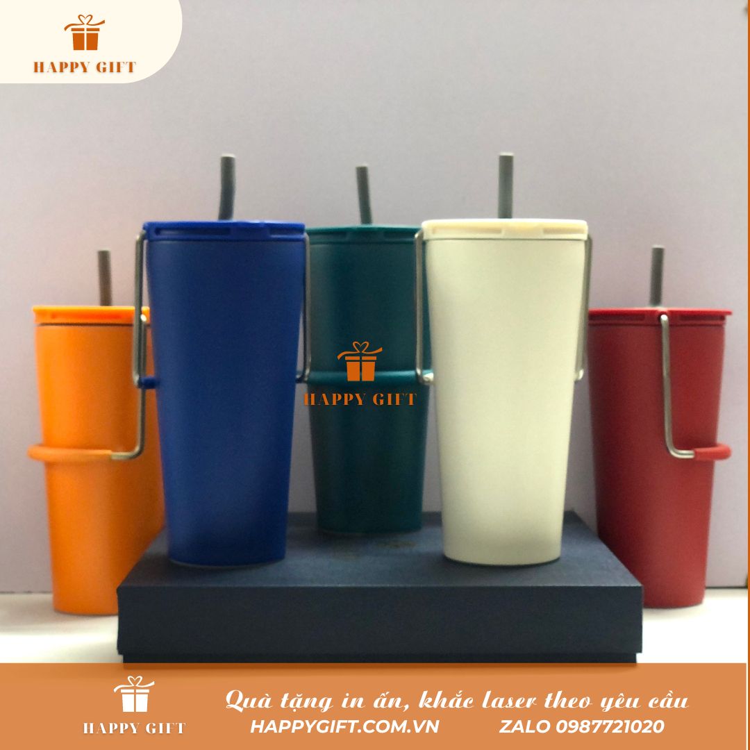 Cốc  giữ nhiệt 500ml, cốc giữ nhiệt inox 304 tặng kèm ống hút và quai xách tiện lợi