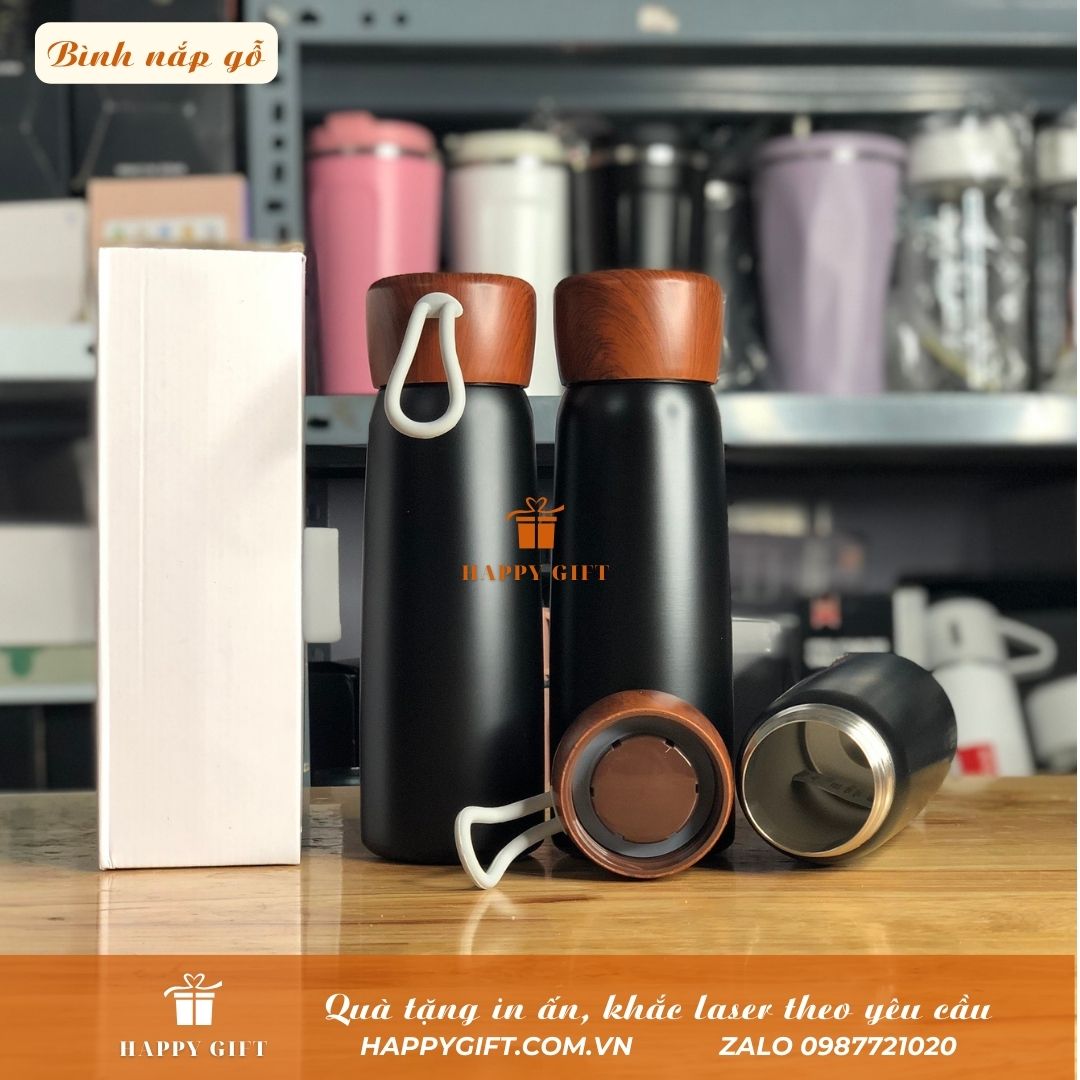 Bình Giữ Nhiệt 500ml Inox 304 Nắp Vân Gỗ Có Dây inox cao cấp Khắc In Logo Theo Yêu Cầu