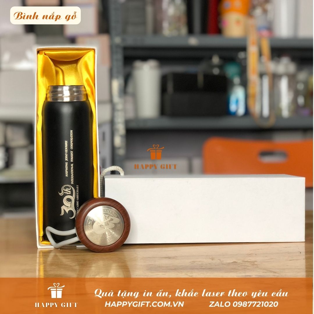 Bình Giữ Nhiệt 500ml Inox 304 Nắp Vân Gỗ Có Dây inox cao cấp Khắc In Logo Theo Yêu Cầu