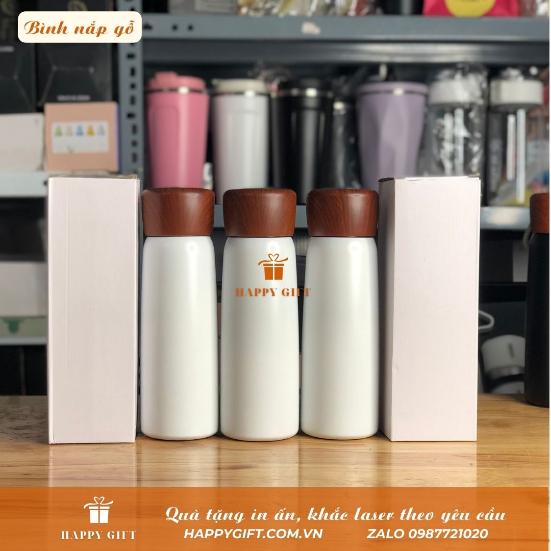 Bình Giữ Nhiệt 500ml Inox 304 Nắp Vân Gỗ Có Dây inox cao cấp Khắc In Logo Theo Yêu Cầu