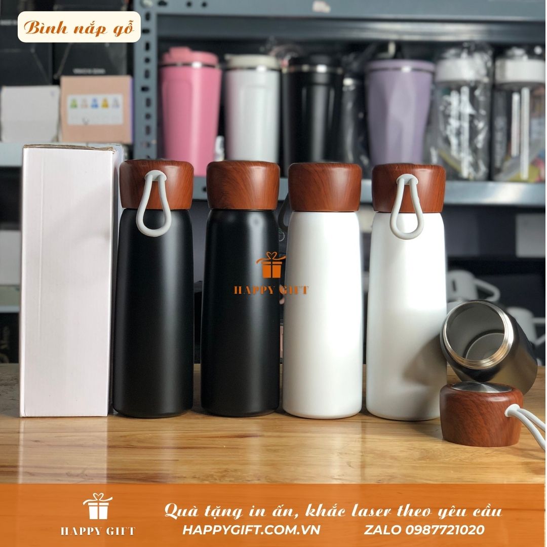 Bình Giữ Nhiệt 500ml Inox 304 Nắp Vân Gỗ Có Dây inox cao cấp Khắc In Logo Theo Yêu Cầu