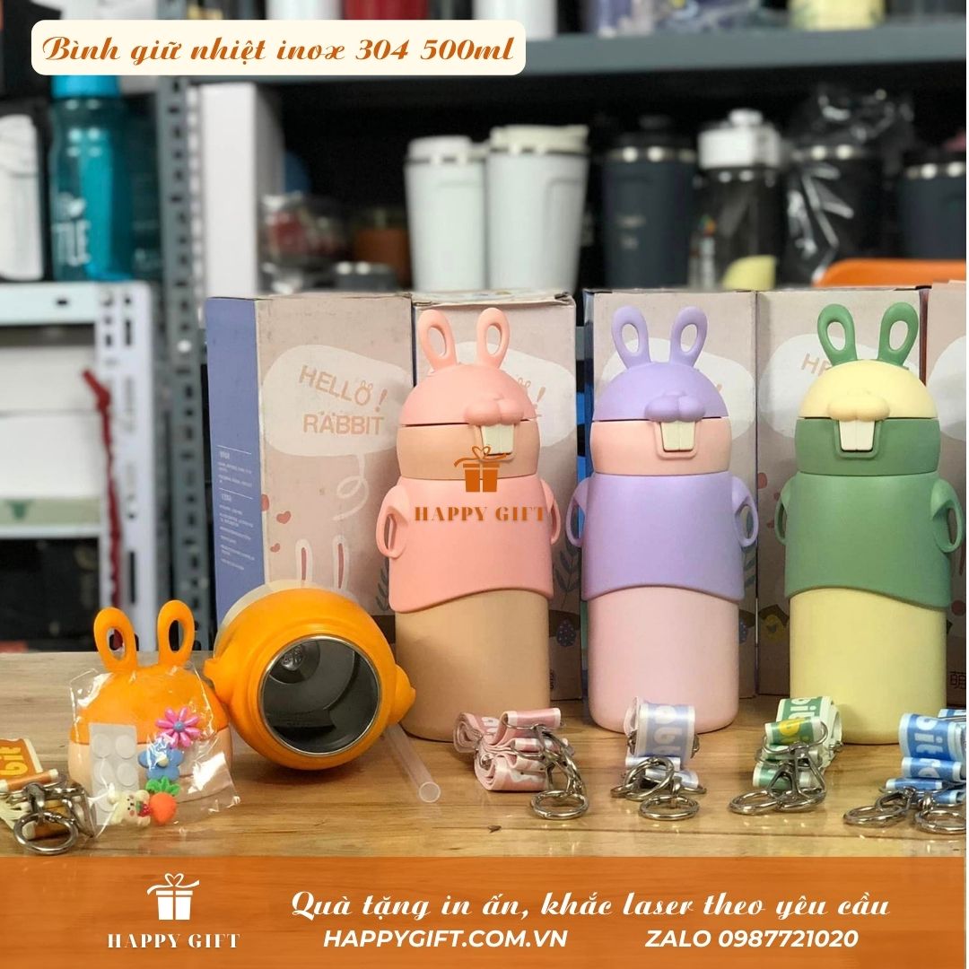 Bình nước giữ nhiệt tai thỏ cho bé dung tích 500ml hai nắp tặng túi đeo chéo