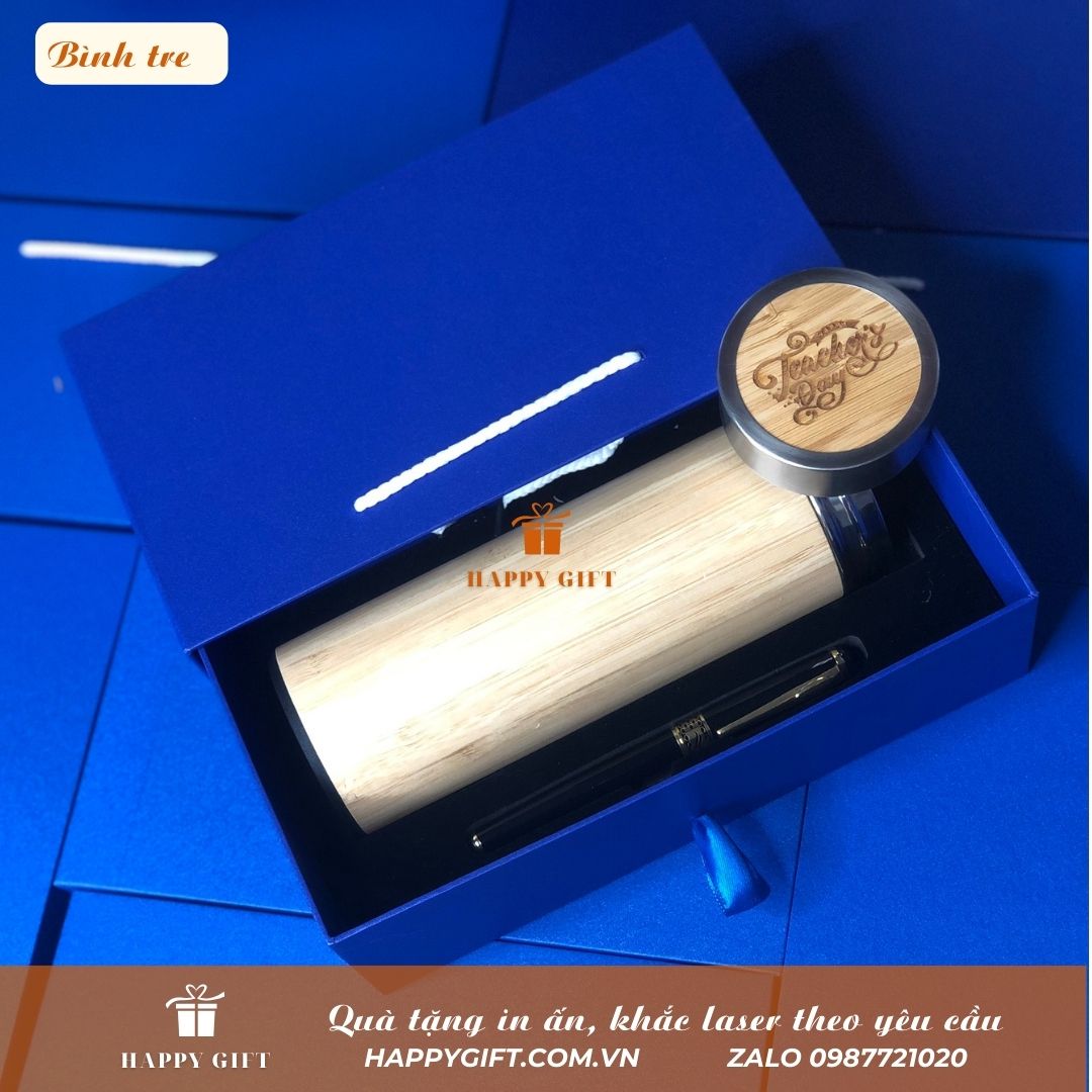 Sét quà tặng- Bình Giữ Nhiệt Vỏ Tre kèm hộp và bút khắc tên, logo
