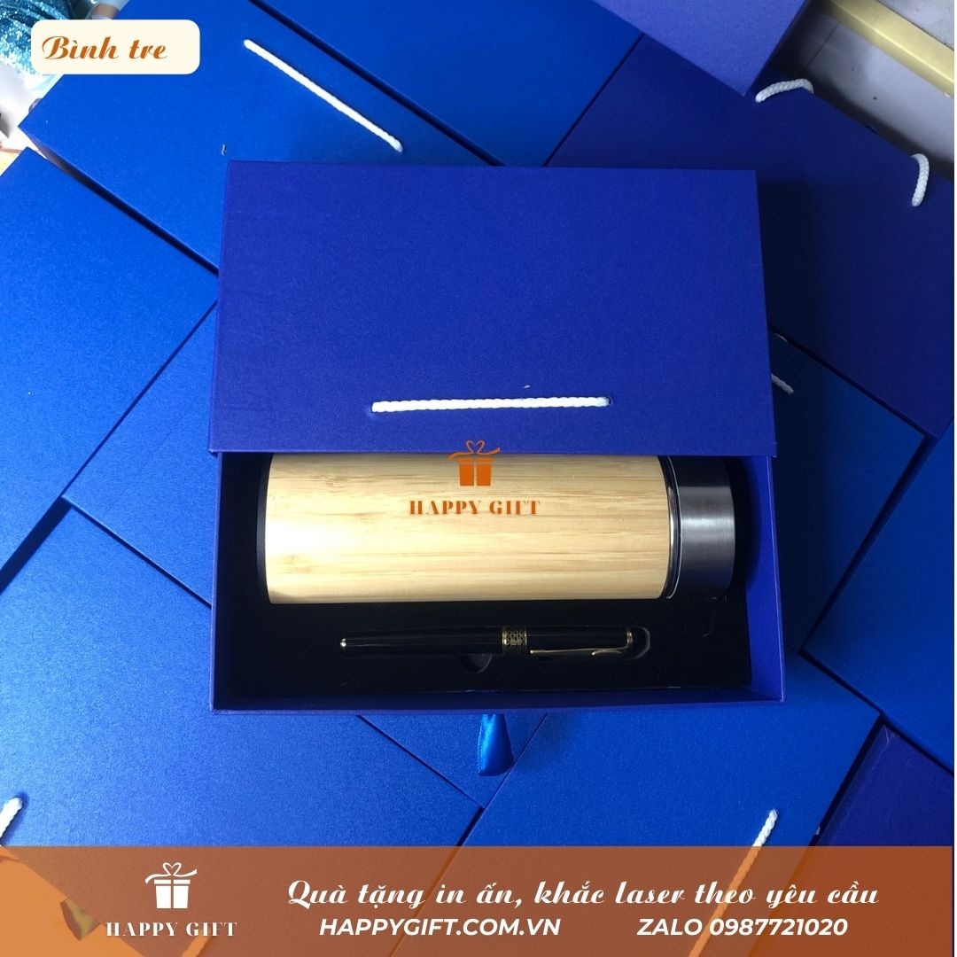 Sét quà tặng- Bình Giữ Nhiệt Vỏ Tre kèm hộp và bút khắc tên, logo