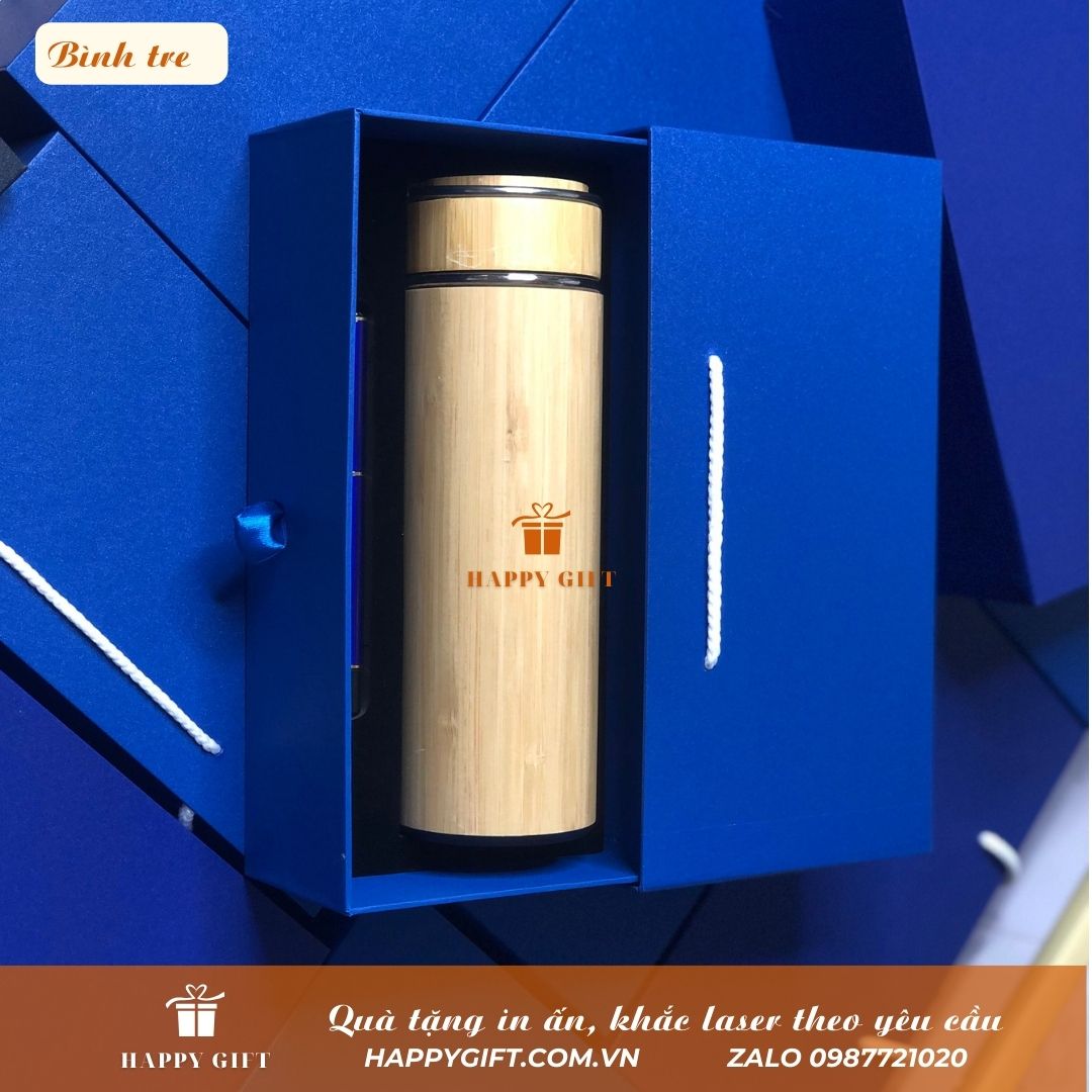 Sét quà tặng- Bình Giữ nhiệt tre có quai xách khắc tên khắc logo theo yêu