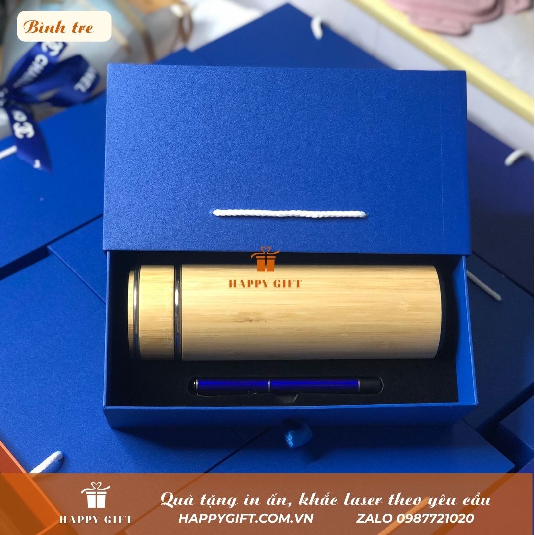 Sét quà tặng- Bình Giữ nhiệt tre có quai xách khắc tên khắc logo theo yêu
