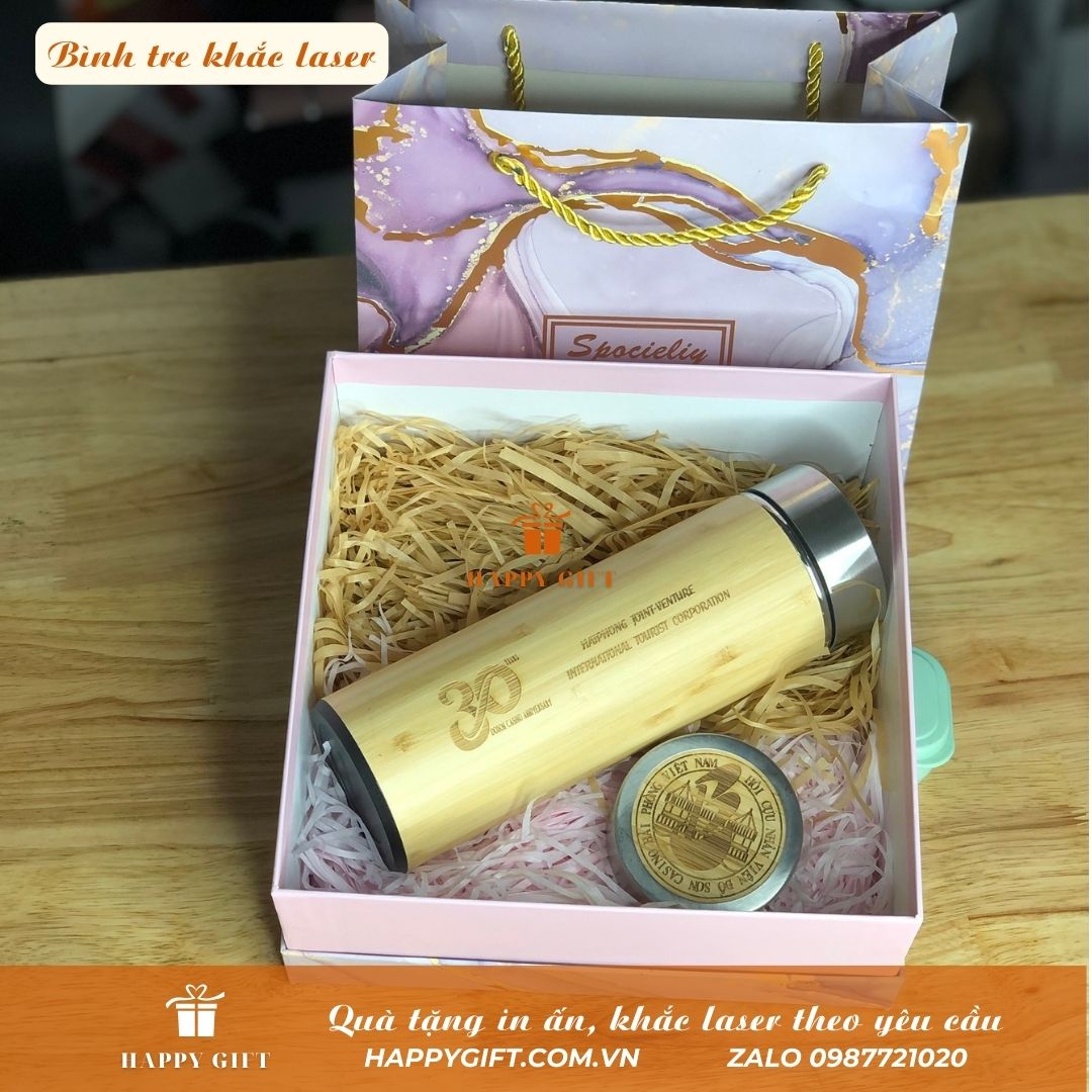 Bình Giữ Nhiệt Bằng Tre, Lõi inox 304, KHẮC TÊN,CÂU CHÚC THEO YÊU CẦU
