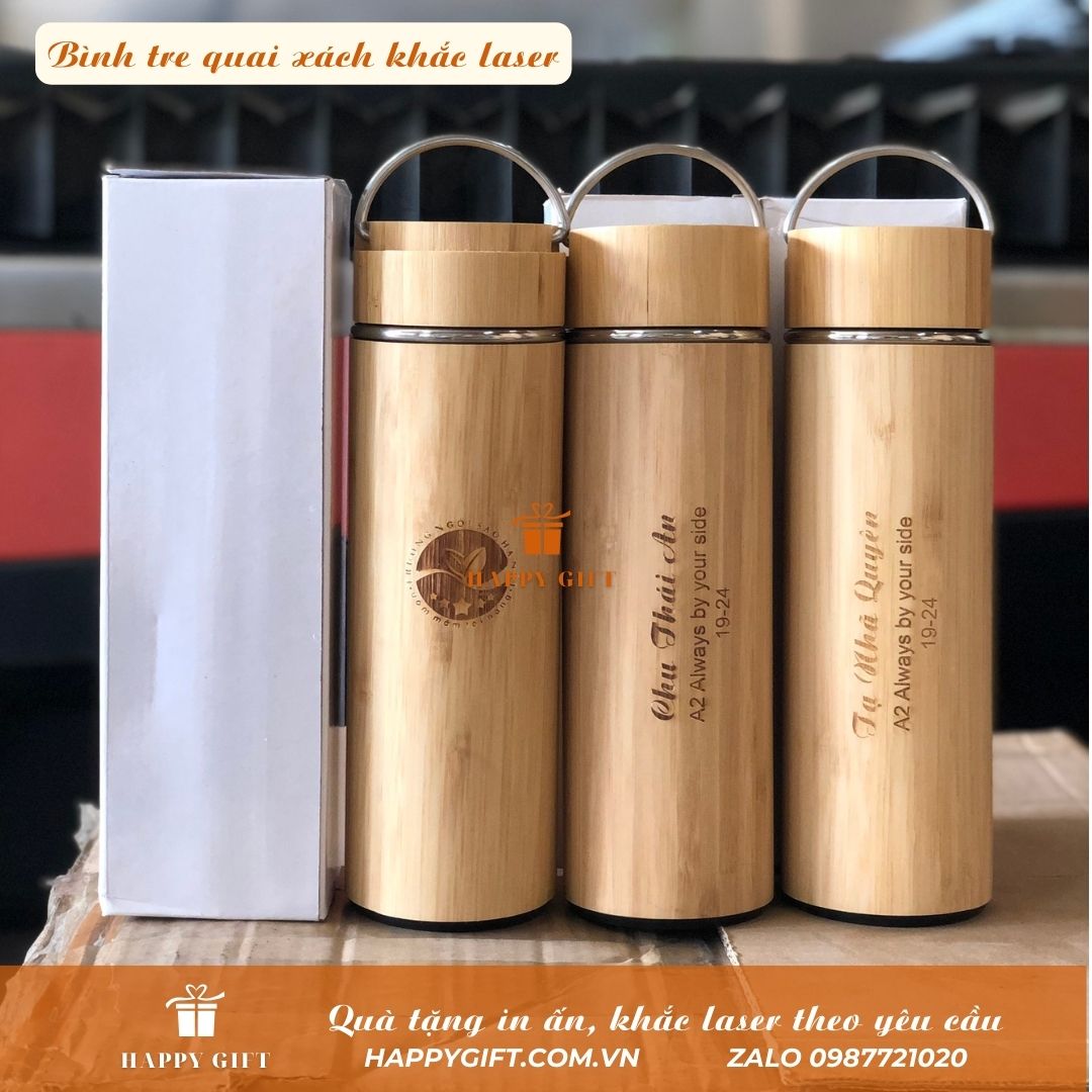 Bình Giữ Nhiệt Bằng Tre  Có Quai Xách, Lõi inox 304, KHẮC TÊN CÂU CHÚC THEO YÊU CẦU