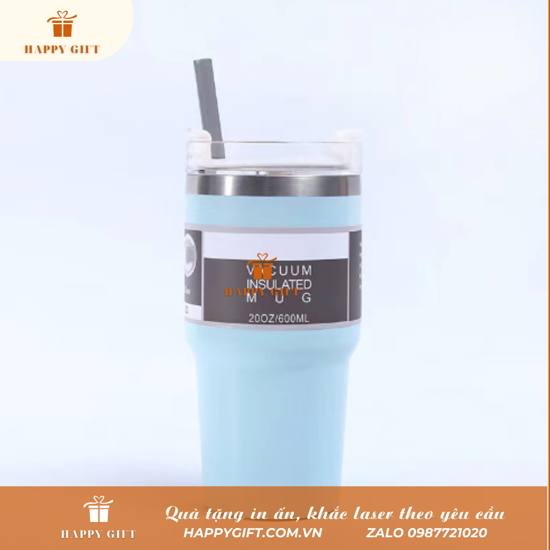 Cốc Coffee giữ nhiệt có ống hút 890ml, Cốc giữ nhiệt inox 304 in logo thương hiệu