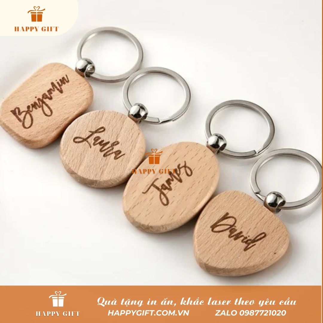 Khắc Laser móc khóa gỗ, khắc laser quà tặng doanh nghiệp, quà tặng sự kiện