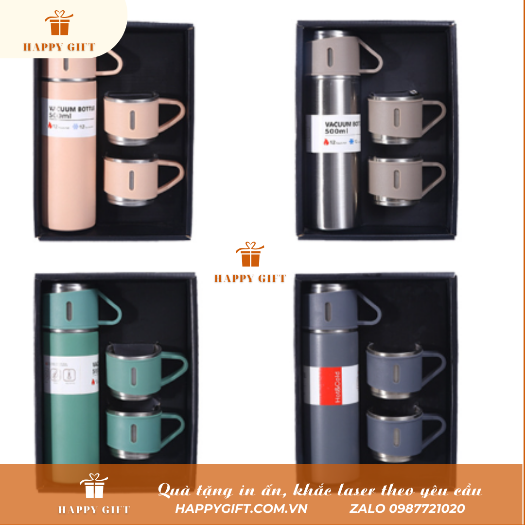 Bộ bình giữ nhiệt inox kèm 2 cốc, Bình giữ nhiệt khắc tên logo thương hiệu