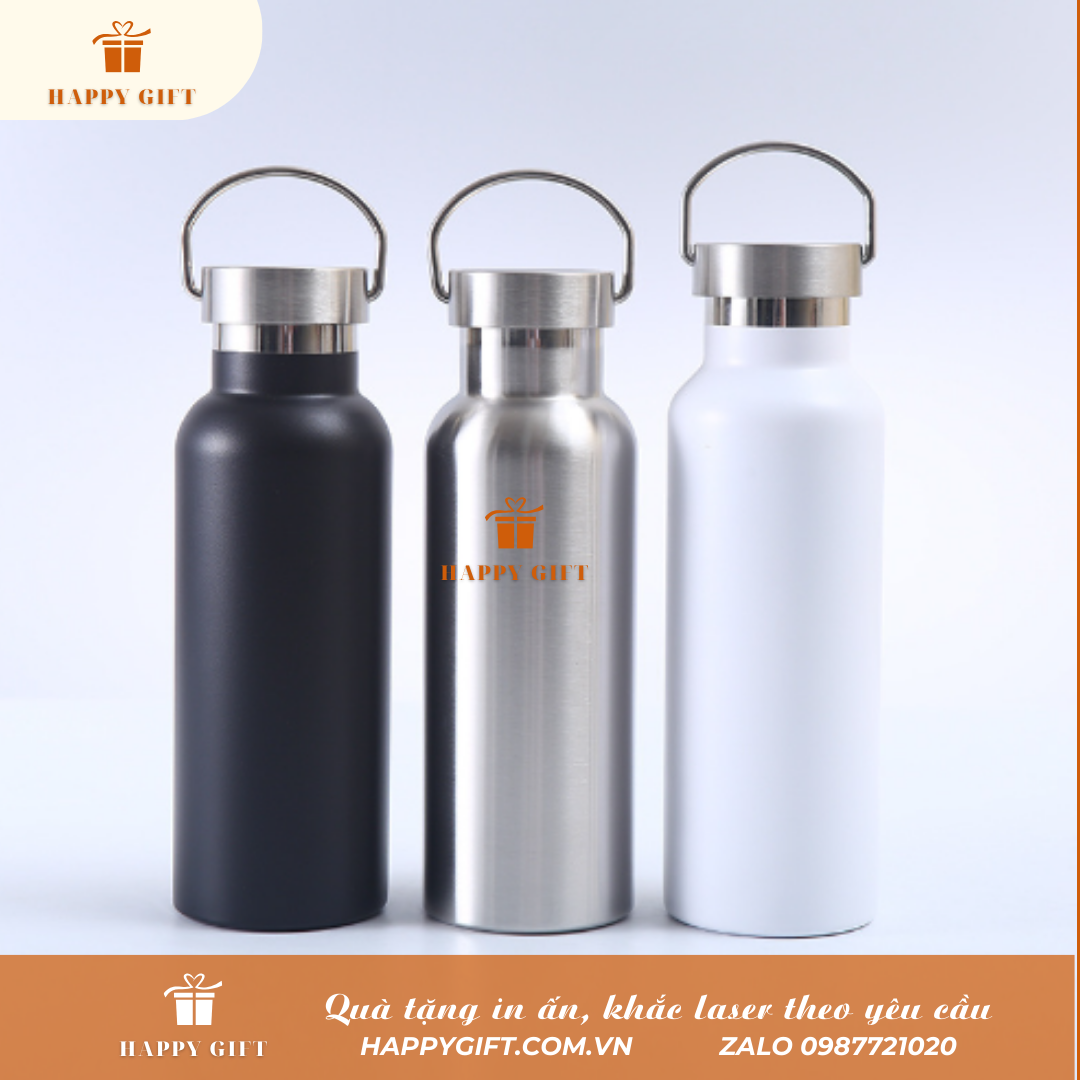 Bình inox giữ nhiệt quai xách hình chai nước, Bình giữ nhiệt in khắc tên logo theo yêu cầu