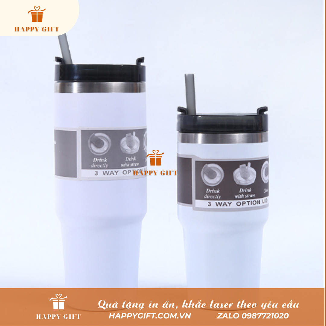 Cốc Coffee giữ nhiệt có ống hút 890ml, Cốc giữ nhiệt inox 304 in logo thương hiệu