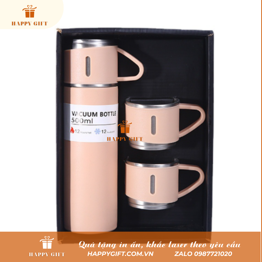 Bộ bình giữ nhiệt inox kèm 2 cốc, Bình giữ nhiệt khắc tên logo thương hiệu