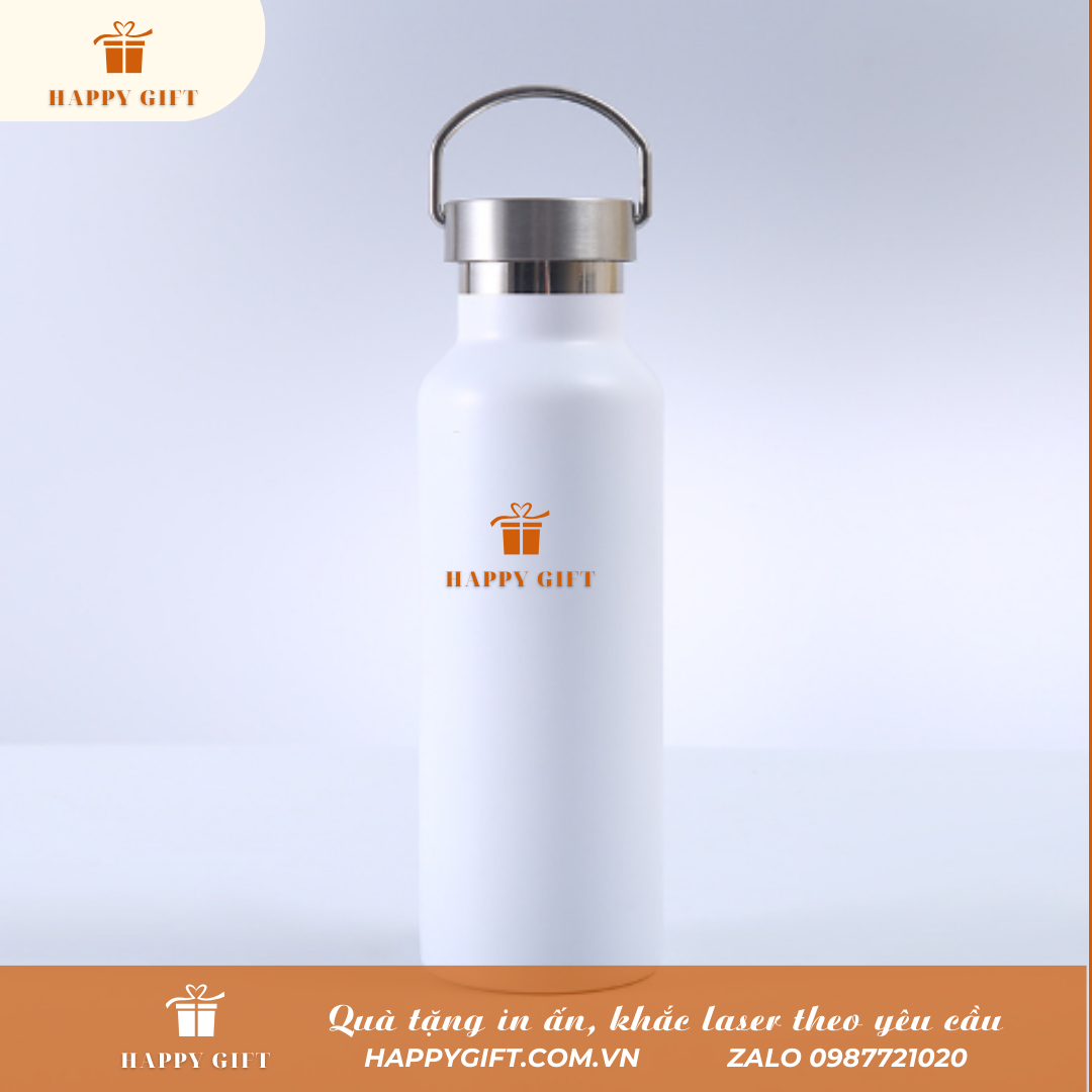 Bình inox giữ nhiệt quai xách hình chai nước, Bình giữ nhiệt in khắc tên logo theo yêu cầu