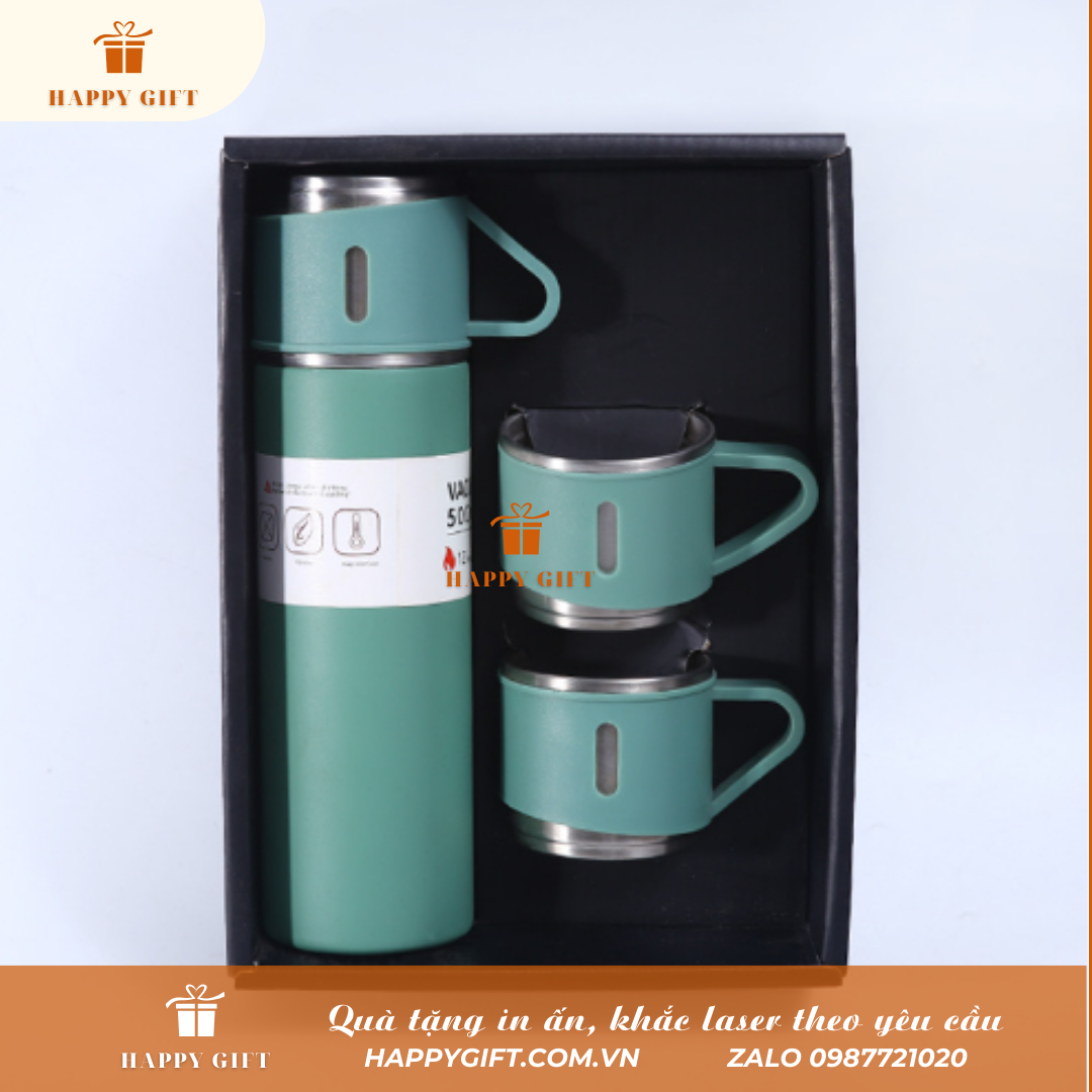 Bộ bình giữ nhiệt inox kèm 2 cốc, Bình giữ nhiệt khắc tên logo thương hiệu