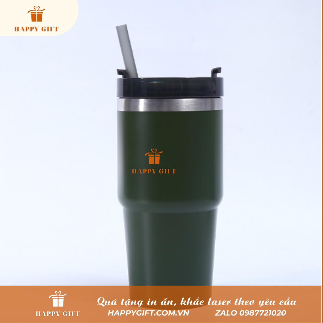 Cốc Coffee giữ nhiệt có ống hút 890ml, Cốc giữ nhiệt inox 304 in logo thương hiệu