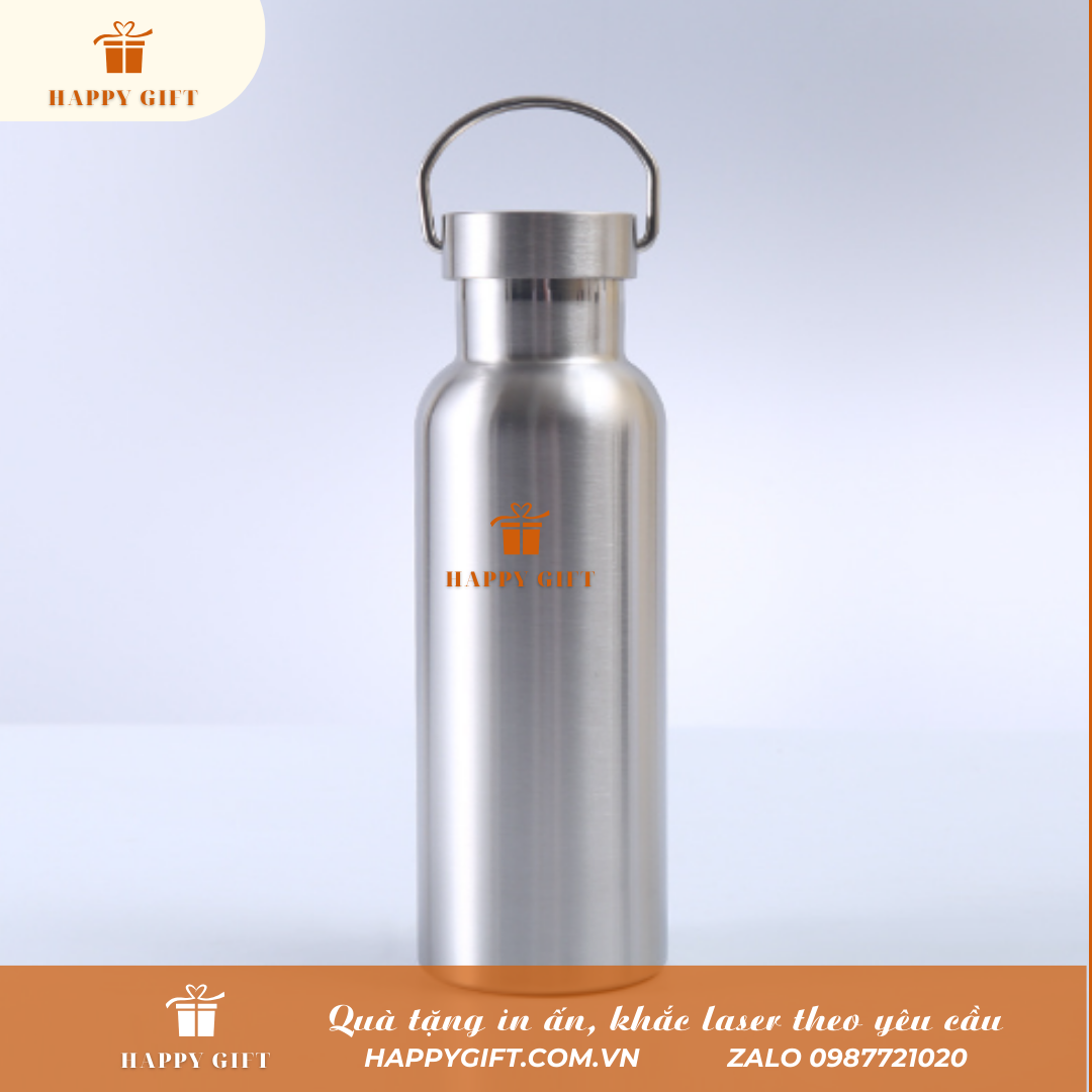 Bình inox giữ nhiệt quai xách hình chai nước, Bình giữ nhiệt in khắc tên logo theo yêu cầu