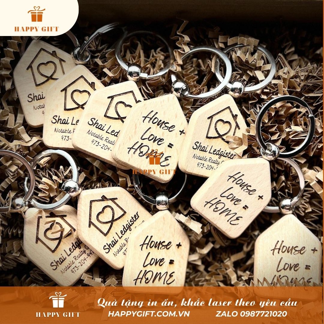 Khắc Laser móc khóa gỗ, khắc laser quà tặng doanh nghiệp, quà tặng sự kiện
