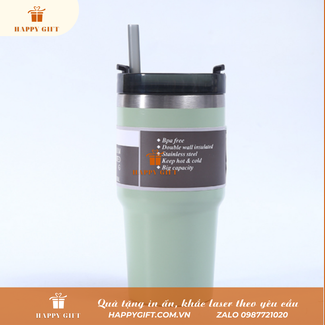 Cốc Coffee giữ nhiệt có ống hút 890ml, Cốc giữ nhiệt inox 304 in logo thương hiệu