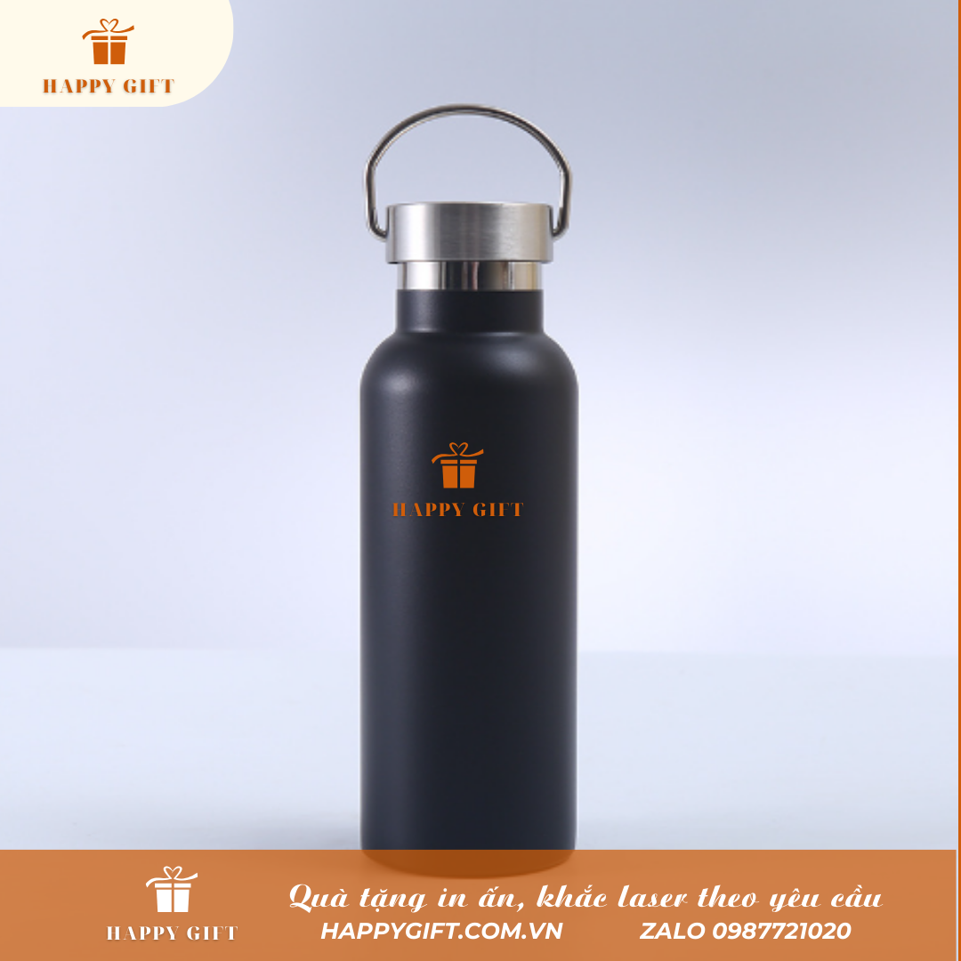 Bình inox giữ nhiệt quai xách hình chai nước, Bình giữ nhiệt in khắc tên logo theo yêu cầu