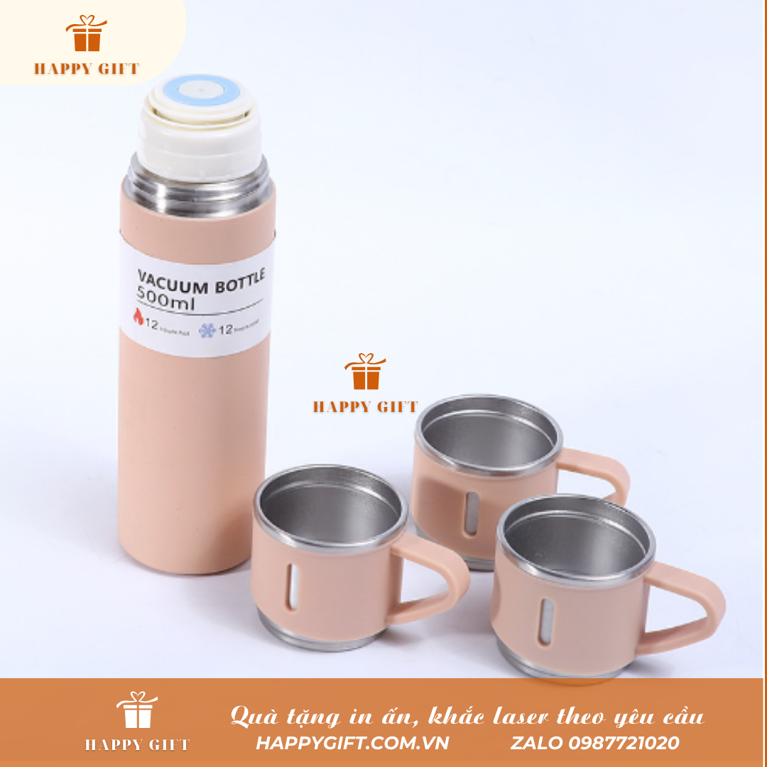 Bộ bình giữ nhiệt inox kèm 2 cốc, Bình giữ nhiệt khắc tên logo thương hiệu