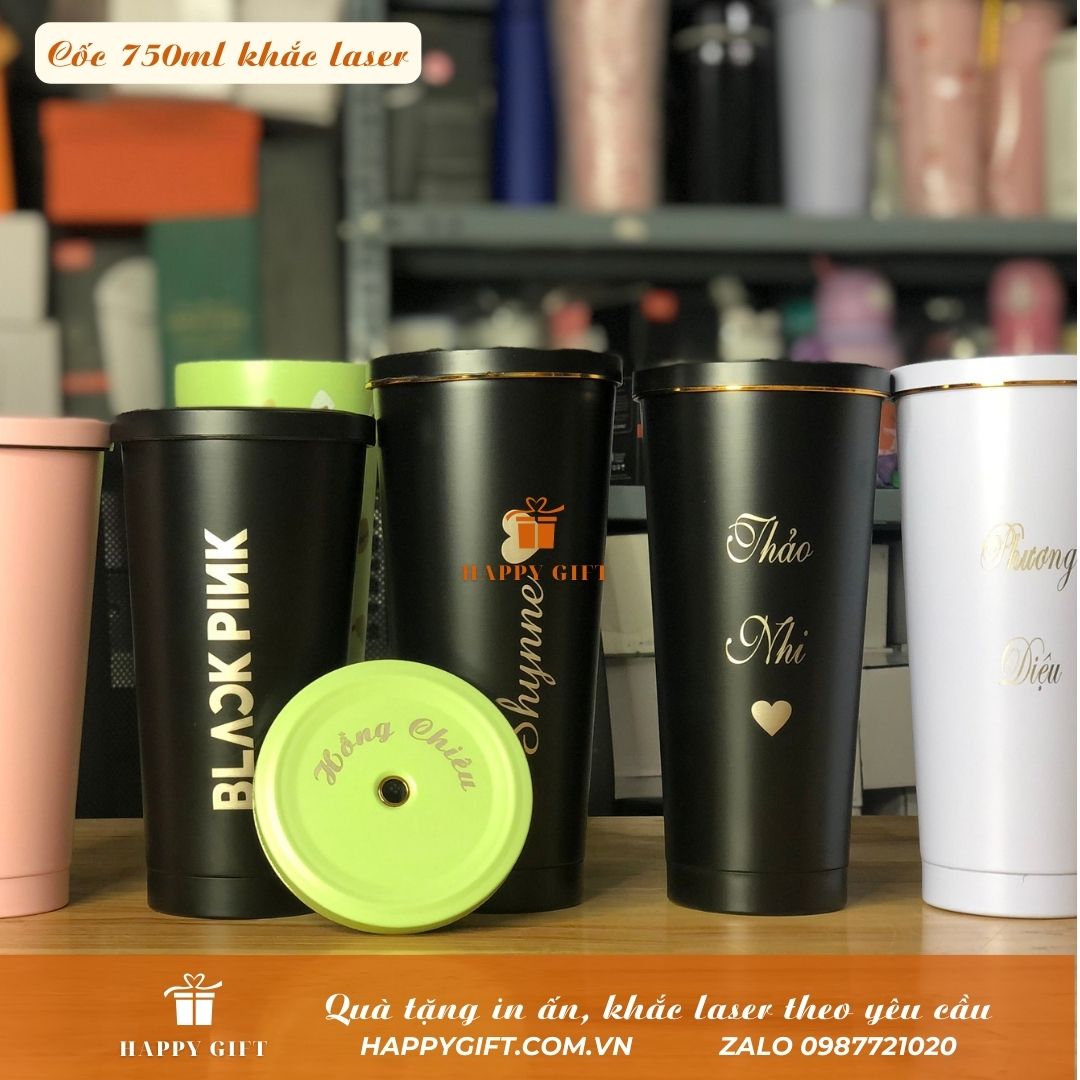 Sét quà tặng 20-11  cốc giữ nhiệt khắc tên 750ml inox 304,  khắc tên tặng nút bịt, ống hút