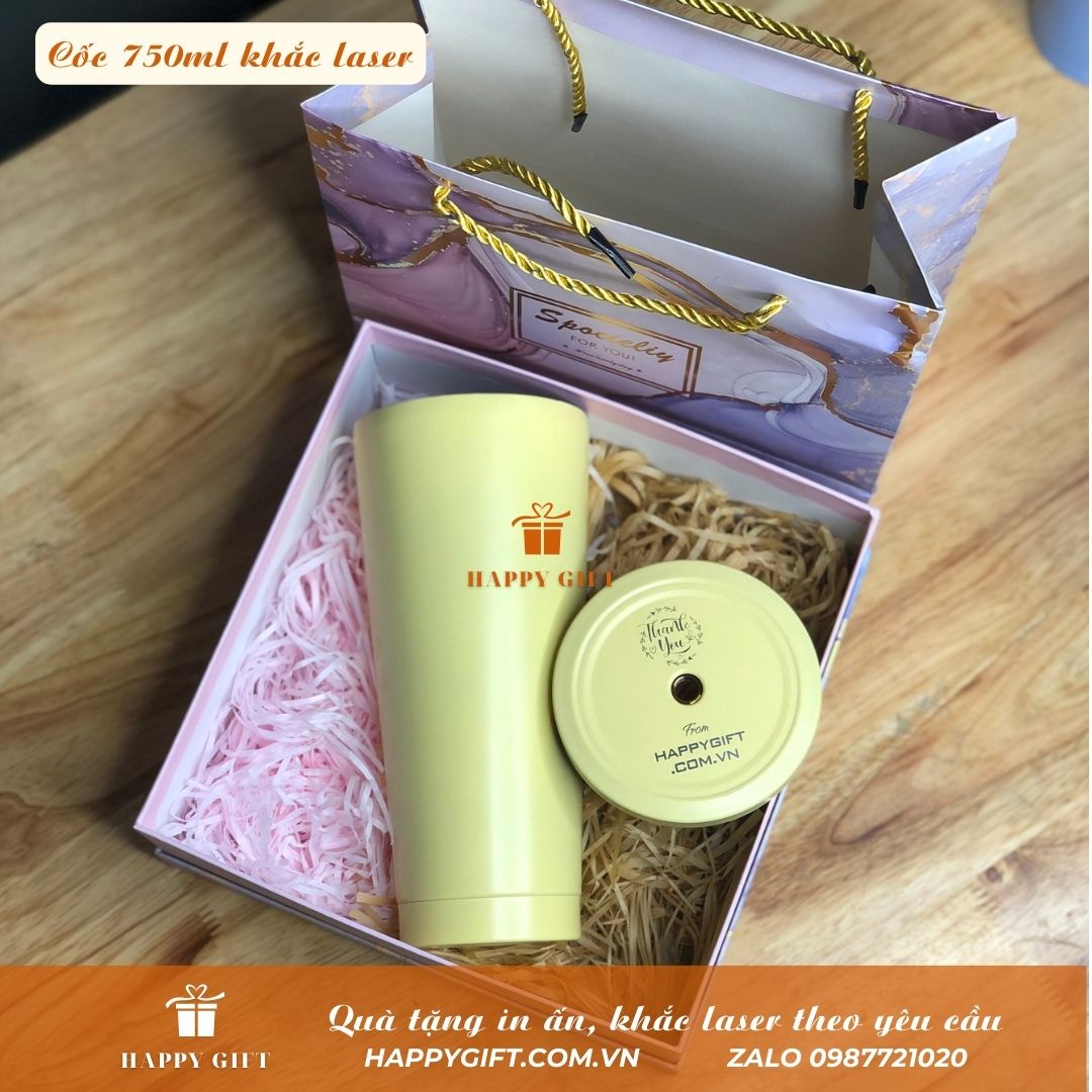 Sét quà tặng 20-11  cốc giữ nhiệt khắc tên 750ml inox 304,  khắc tên tặng nút bịt, ống hút