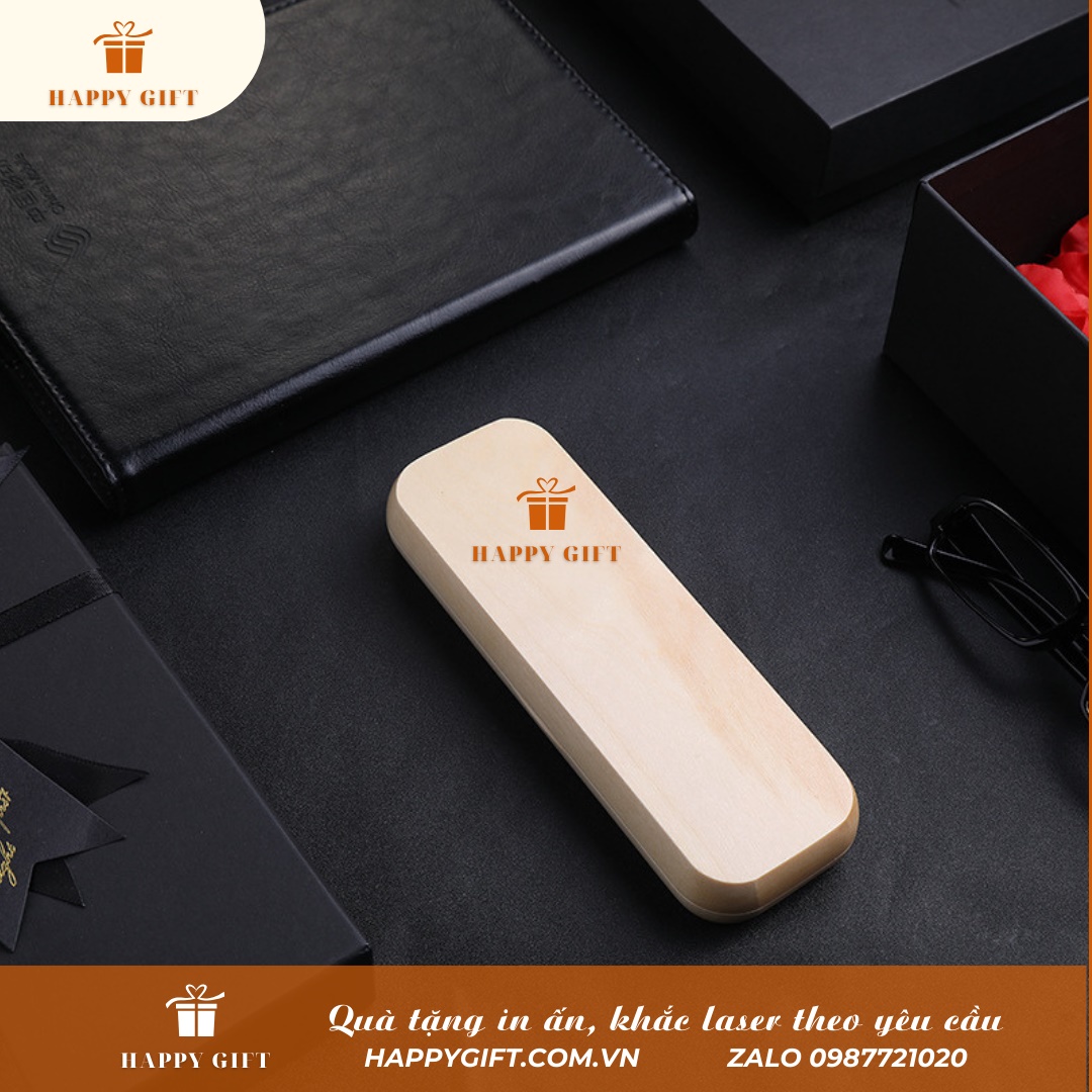 Hộp bút gỗ nắp mở vỏ sò, hộp đựng bút khắc tên, logo thương hiệu, quà tặng doanh nghiệp