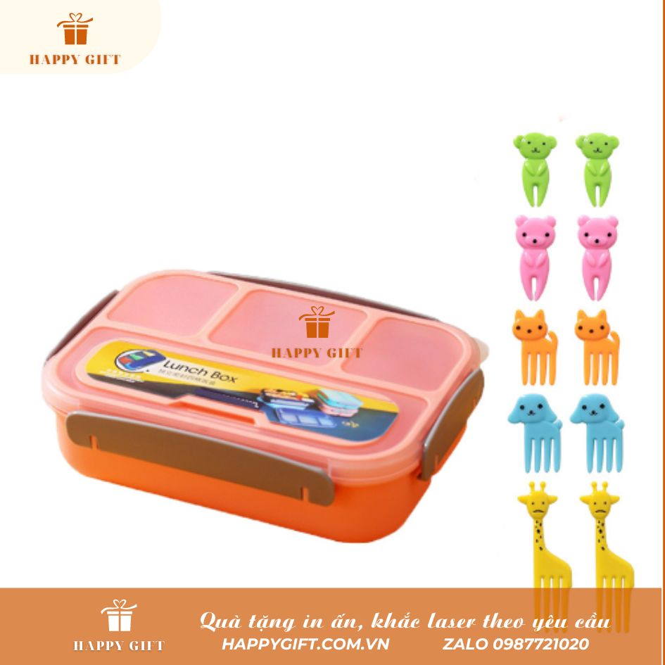 Hộp cơm trẻ em nhựa  4 ngăn kèm nĩa hình động vật