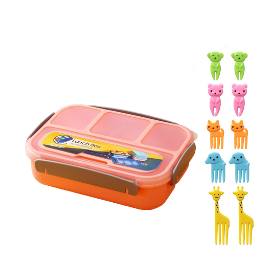 Hộp cơm trẻ em nhựa  4 ngăn kèm nĩa hình động vật