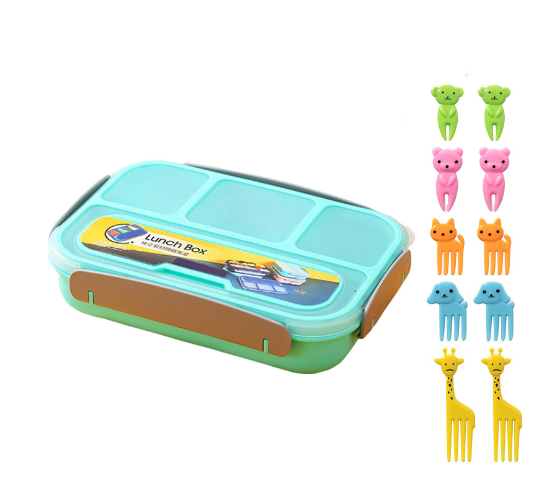 Hộp cơm trẻ em nhựa  4 ngăn kèm nĩa hình động vật