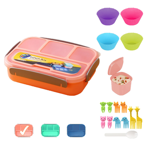Hộp cơm trẻ em nhựa  4 ngăn kèm nĩa hình động vật