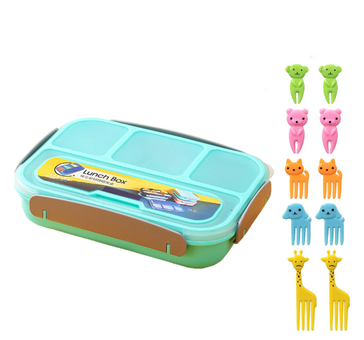 Hộp cơm trẻ em nhựa  4 ngăn kèm nĩa hình động vật