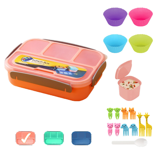 Hộp cơm trẻ em nhựa  4 ngăn kèm nĩa hình động vật