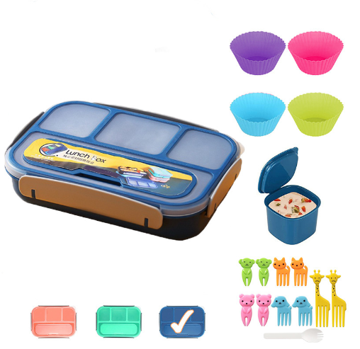 Hộp cơm trẻ em nhựa  4 ngăn kèm nĩa hình động vật