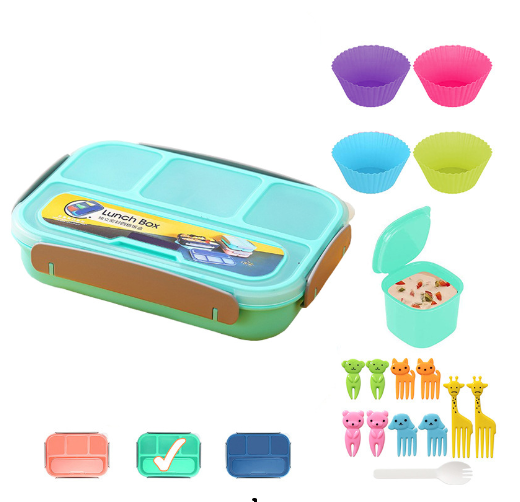 Hộp cơm trẻ em nhựa  4 ngăn kèm nĩa hình động vật