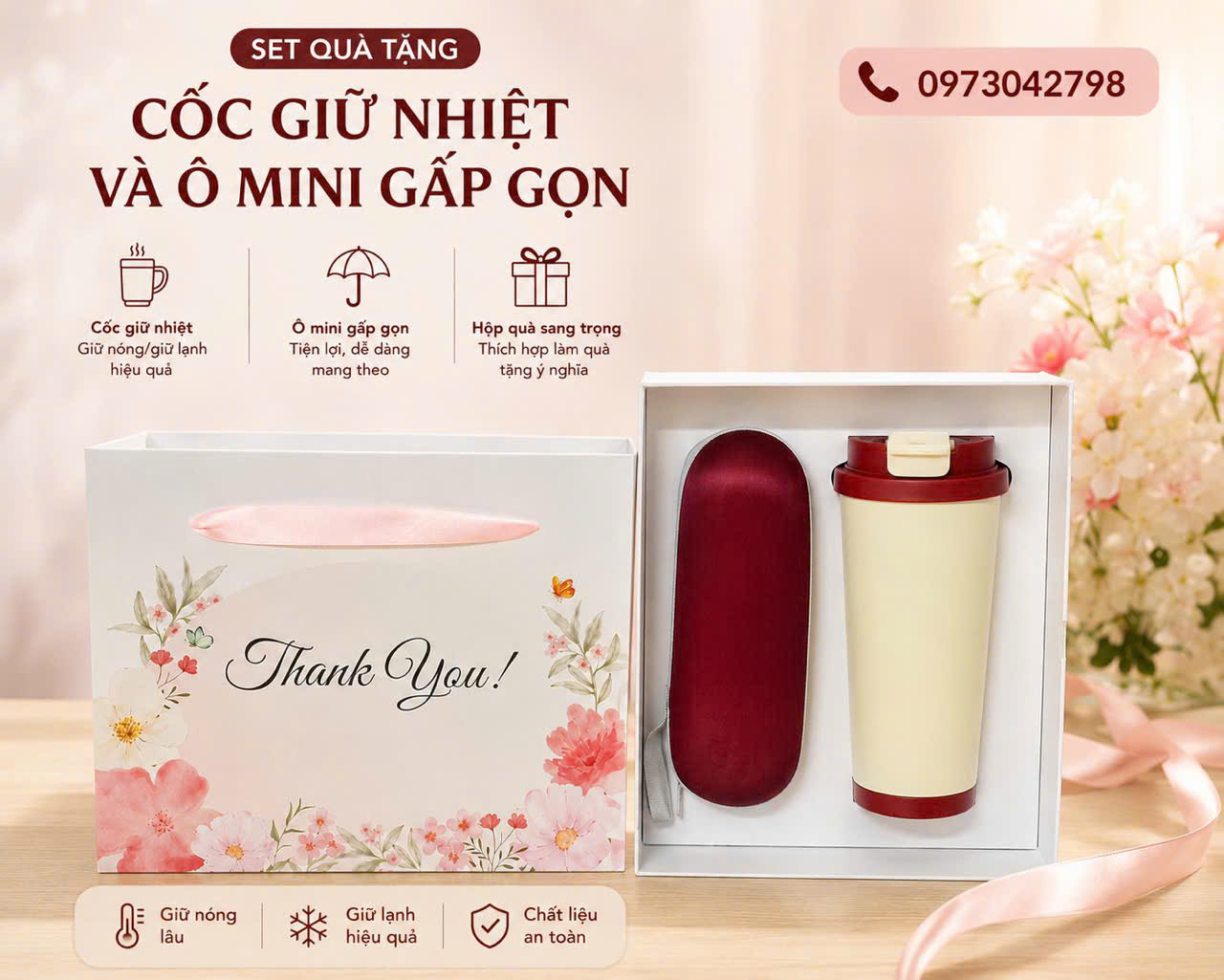 Set Quà Tặng Tri Ân Thầy Cô – Ly Giữ Nhiệt 530ml, Ô Mini Gấp Gọn