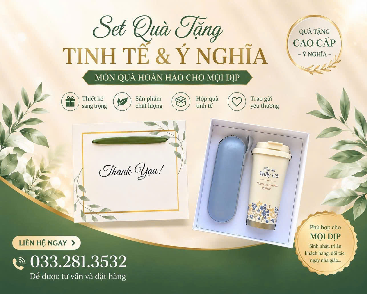 Set Quà Tặng Tri Ân Thầy Cô – Ly Giữ Nhiệt 530ml, Ô Mini Gấp Gọn