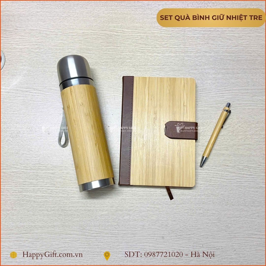 Sổ tay da bìa tre tặng kèm bút bi tre khắc tên theo yêu cầu làm quà tặng
