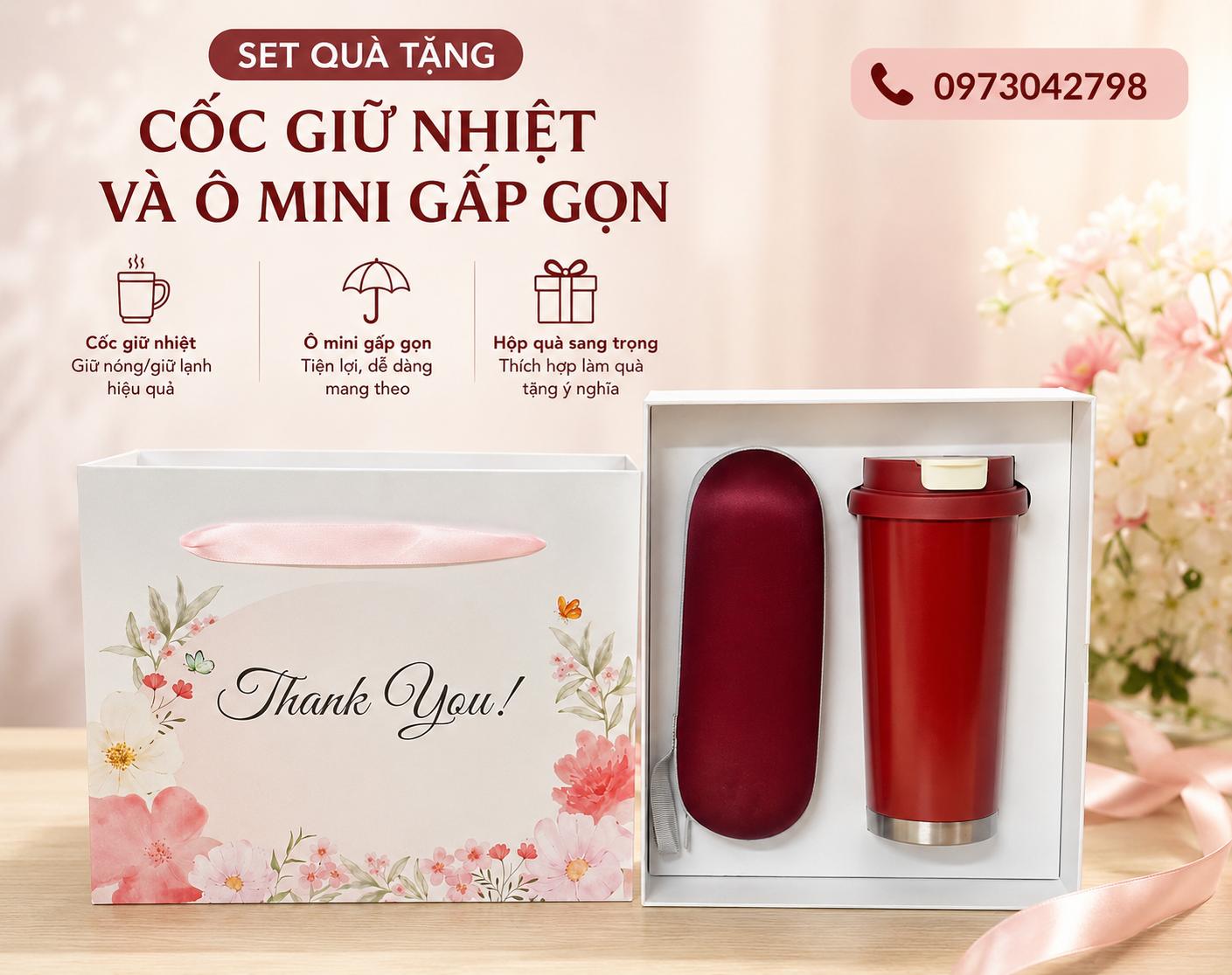 Set Quà Tặng Tri Ân Thầy Cô – Ly Giữ Nhiệt 530ml, Ô Mini Gấp Gọn