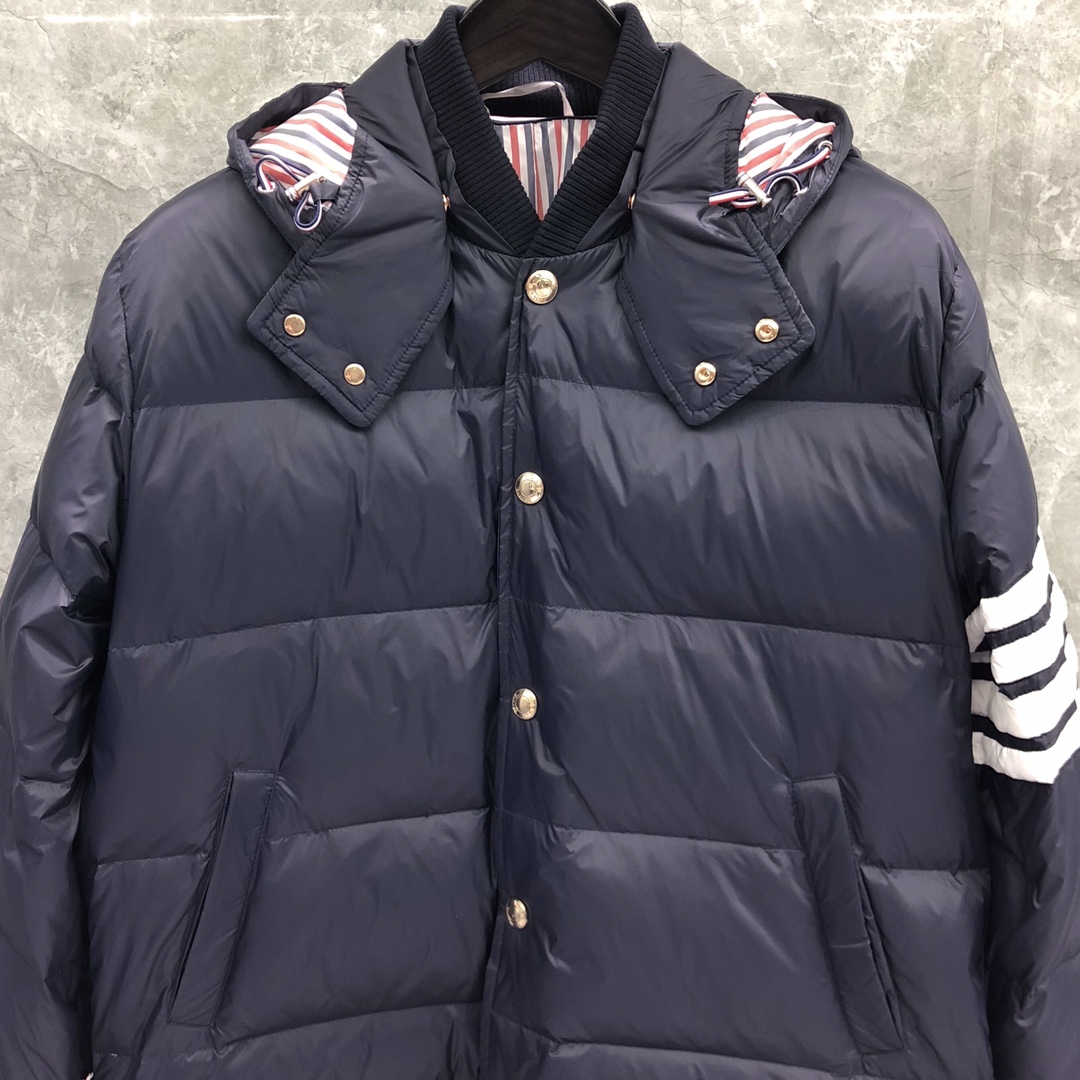 Thom Browne Men's Blue 4-bar Downfilled Snap Front Bomber Jacket