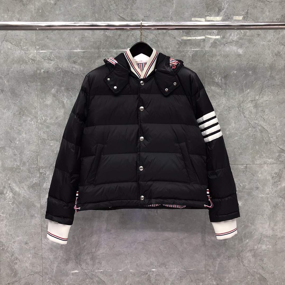Thom Browne Men's Blue 4-bar Downfilled Snap Front Bomber Jacket