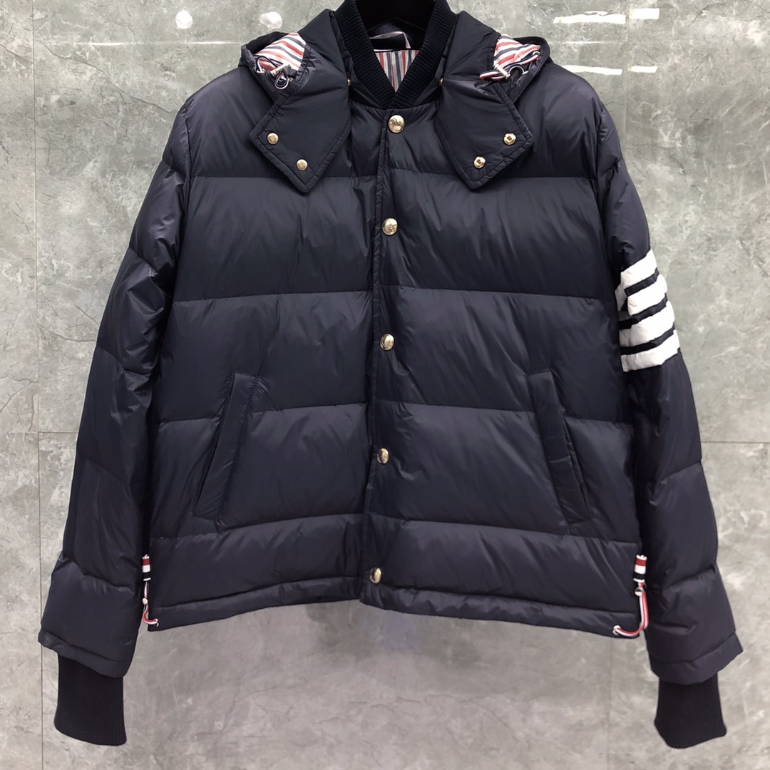 Thom Browne Men's Blue 4-bar Downfilled Snap Front Bomber Jacket