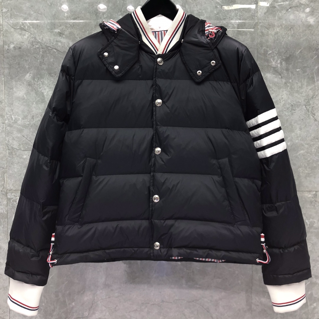 Thom Browne Men's Blue 4-bar Downfilled Snap Front Bomber Jacket