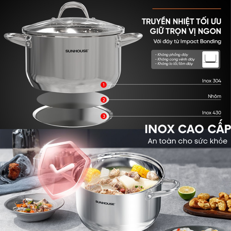 Nồi Inox 3 đáy Sunhouse SHG301-16/18/24/28/32