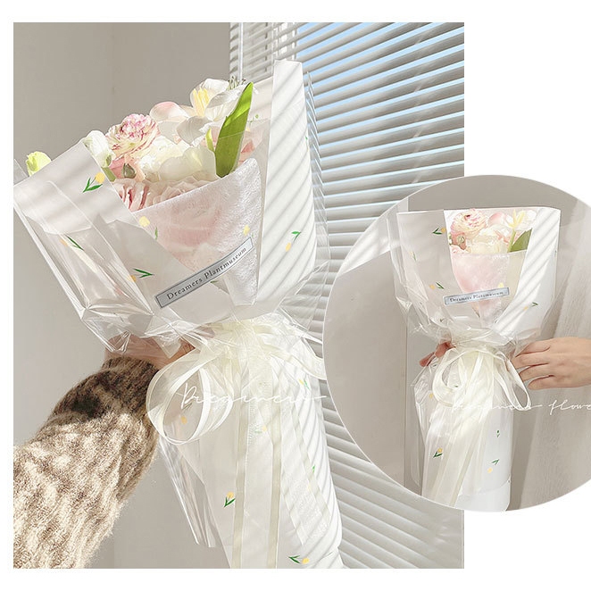 Xấp 20 tờ giấy gói hoa họa tiết hoa tulip chống thấm nước, giấy dày đứng form