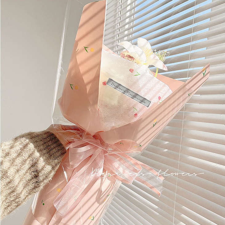 Xấp 20 tờ giấy gói hoa họa tiết hoa tulip chống thấm nước, giấy dày đứng form